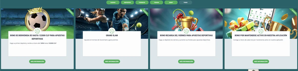 Sección de bonos de 22bet con cifras en pesos chilenos