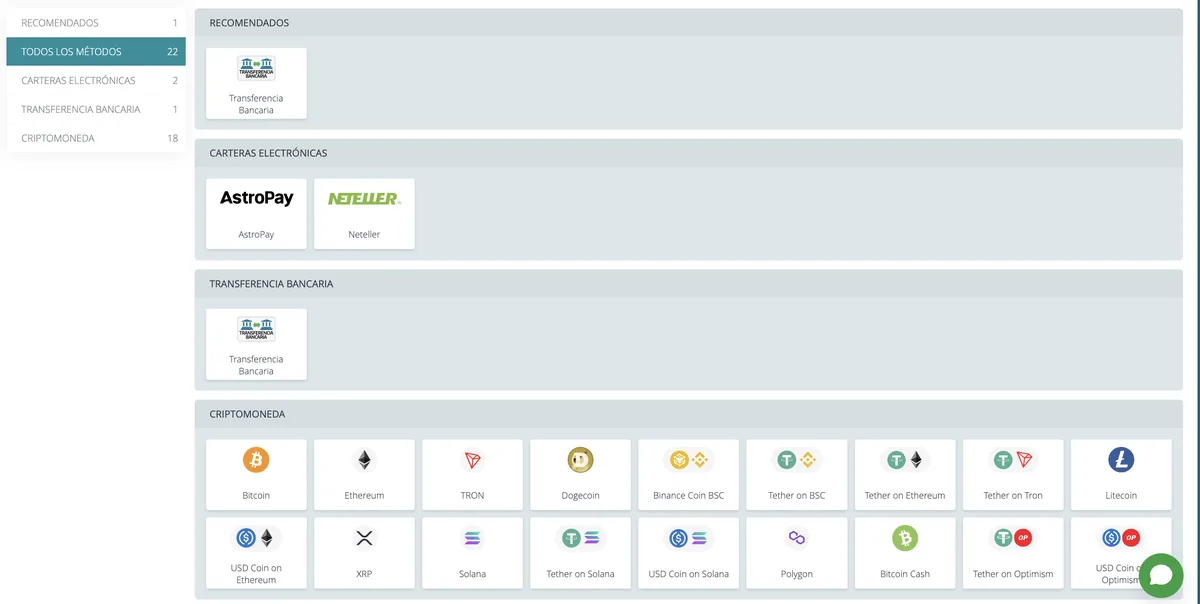 Pantalla de retirada de fondos de 22bet con los contadores por categoría: 22 métodos en total, 2 carteras electrónicas, 1 transferencia bancaria y 18 criptomonedas