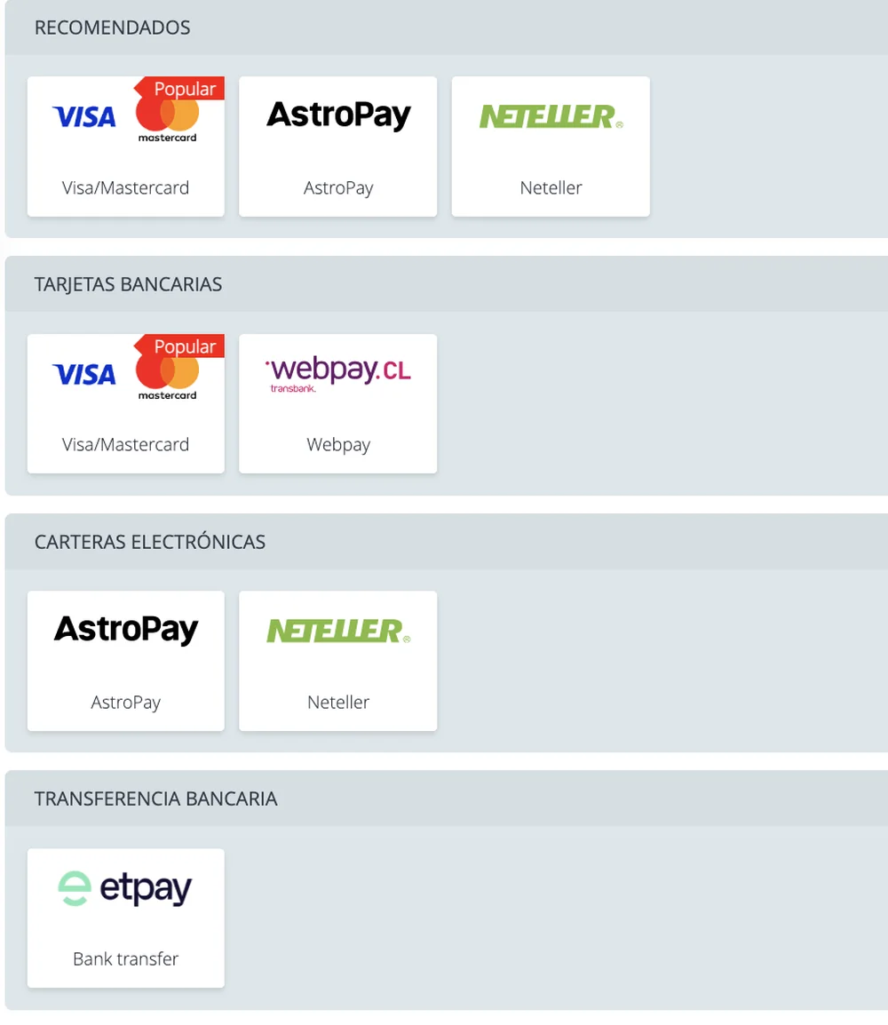 Caja de 22bet con los métodos de pago disponibles para Chile