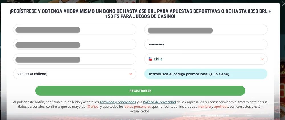 Formulario de registro de 22bet con país Chile y moneda CLP